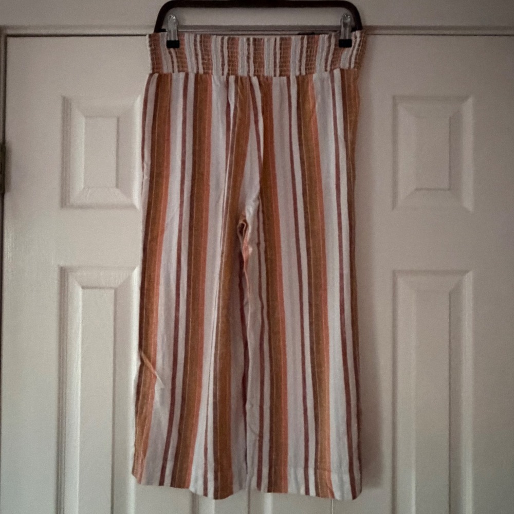 Cloth & Stone Striped Wide Leg Crop Pants Smocked Waist Linen Blend Size Med EUC